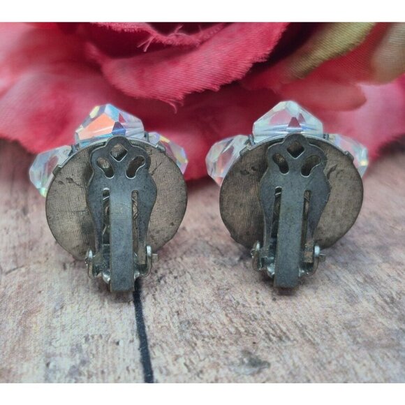 Vintage AB Crystal Collar Necklace & Clip On Cluster Earrings Set Arora Borealis - Picture 8 of 11